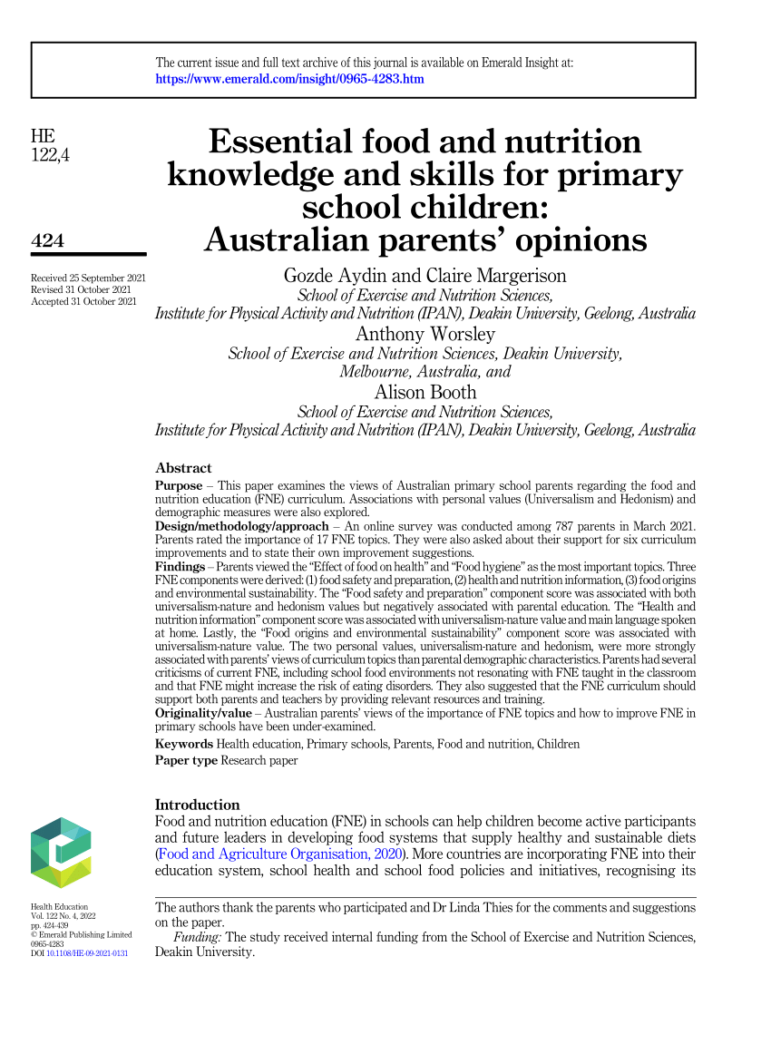 Essential food and nutrition knowledge and skills for primary  