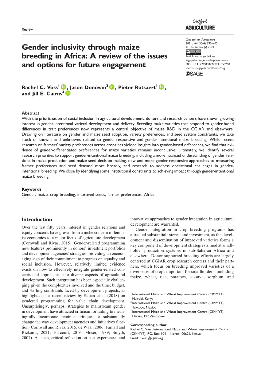PDF) Gender inclusivity through maize breeding in Africa A review of the issues and options for future engagement