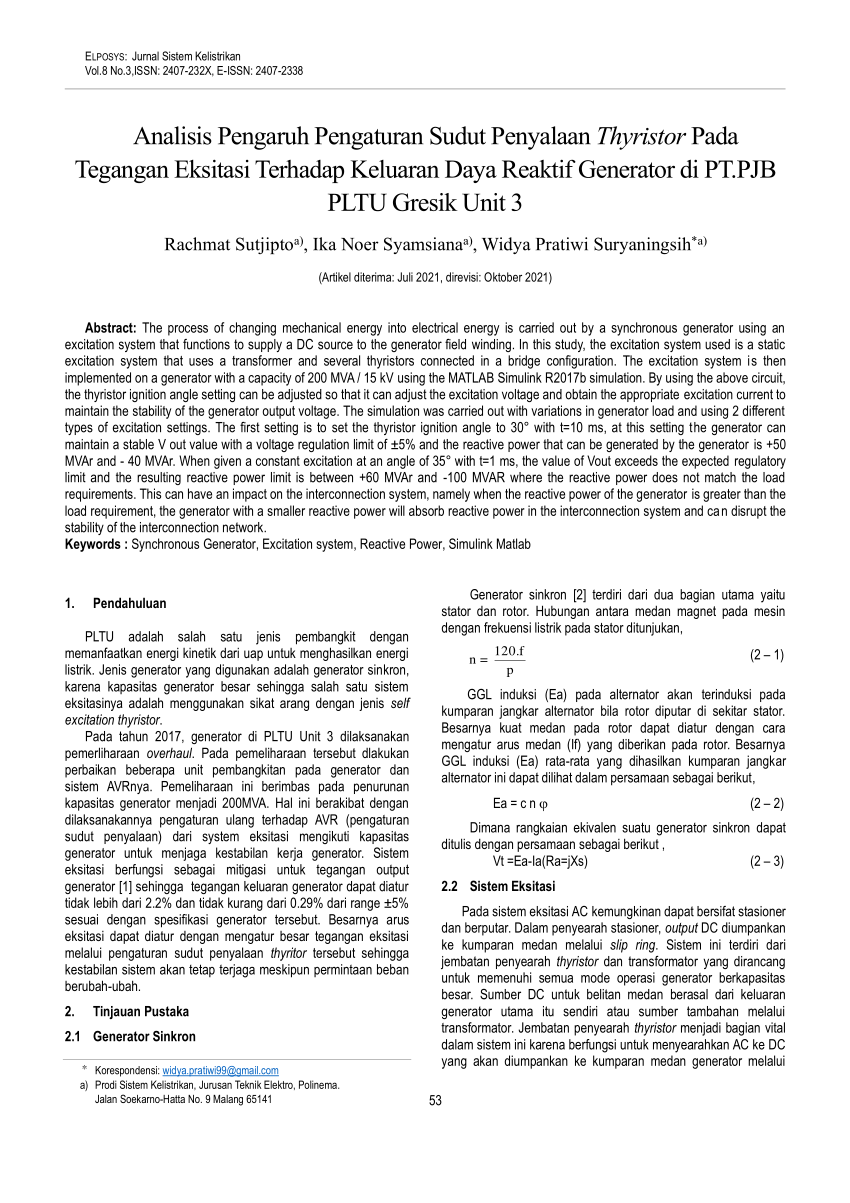 Pdf Analisis Pengaruh Pengaturan Sudut Penyalaan Thyristor Pada Tegangan Eksitasi Terhadap