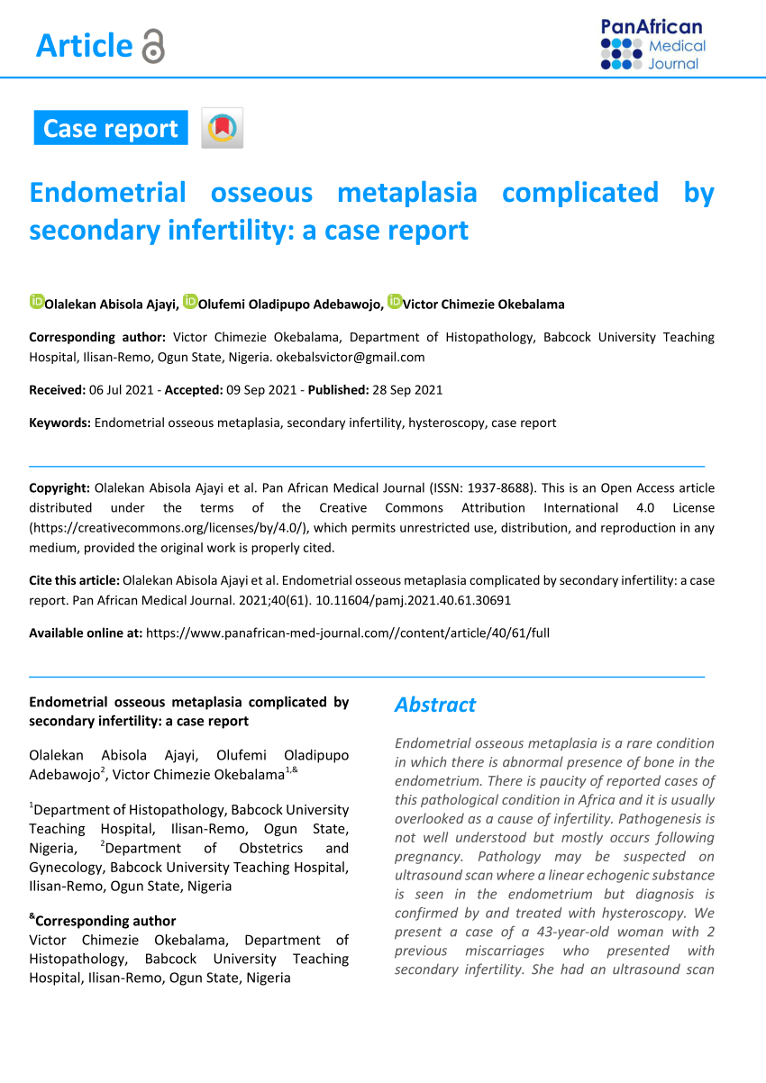 Pdf Endometrial Osseous Metaplasia Complicated By Secondary Infertility A Case Report 