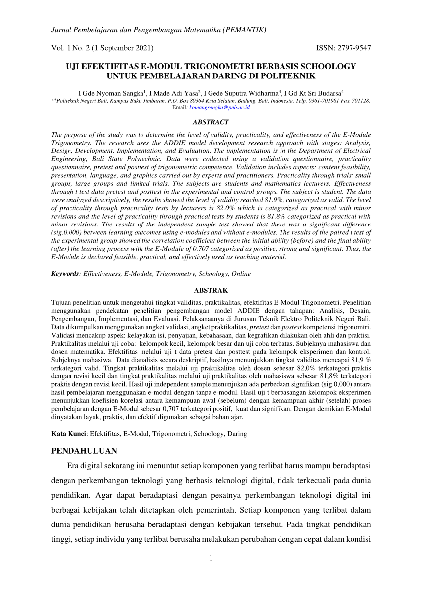 Pdf Uji Efektifitas E Modul Trigonometri Berbasis Schoology Untuk Pembelajaran Daring Di 7360