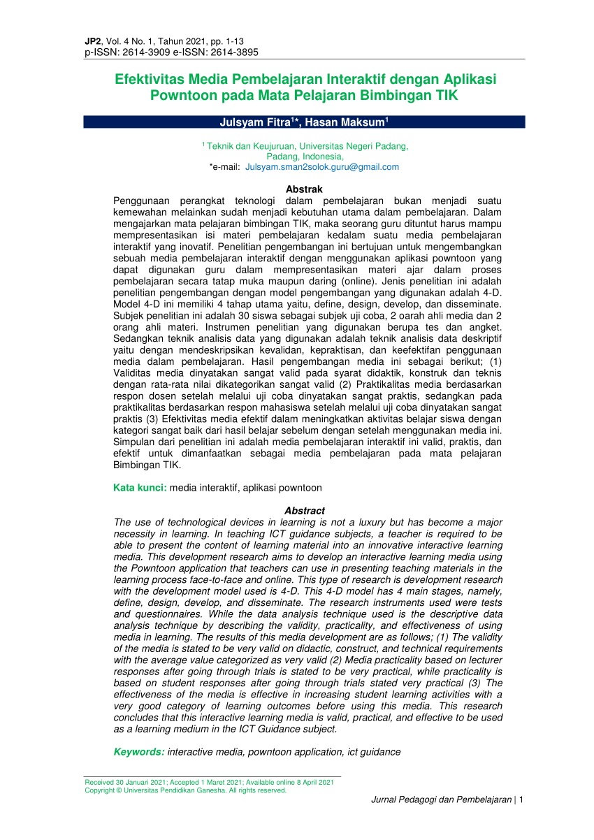 Pdf Efektivitas Media Pembelajaran Interaktif Dengan Aplikasi Powntoon Pada Mata Pelajaran 1694