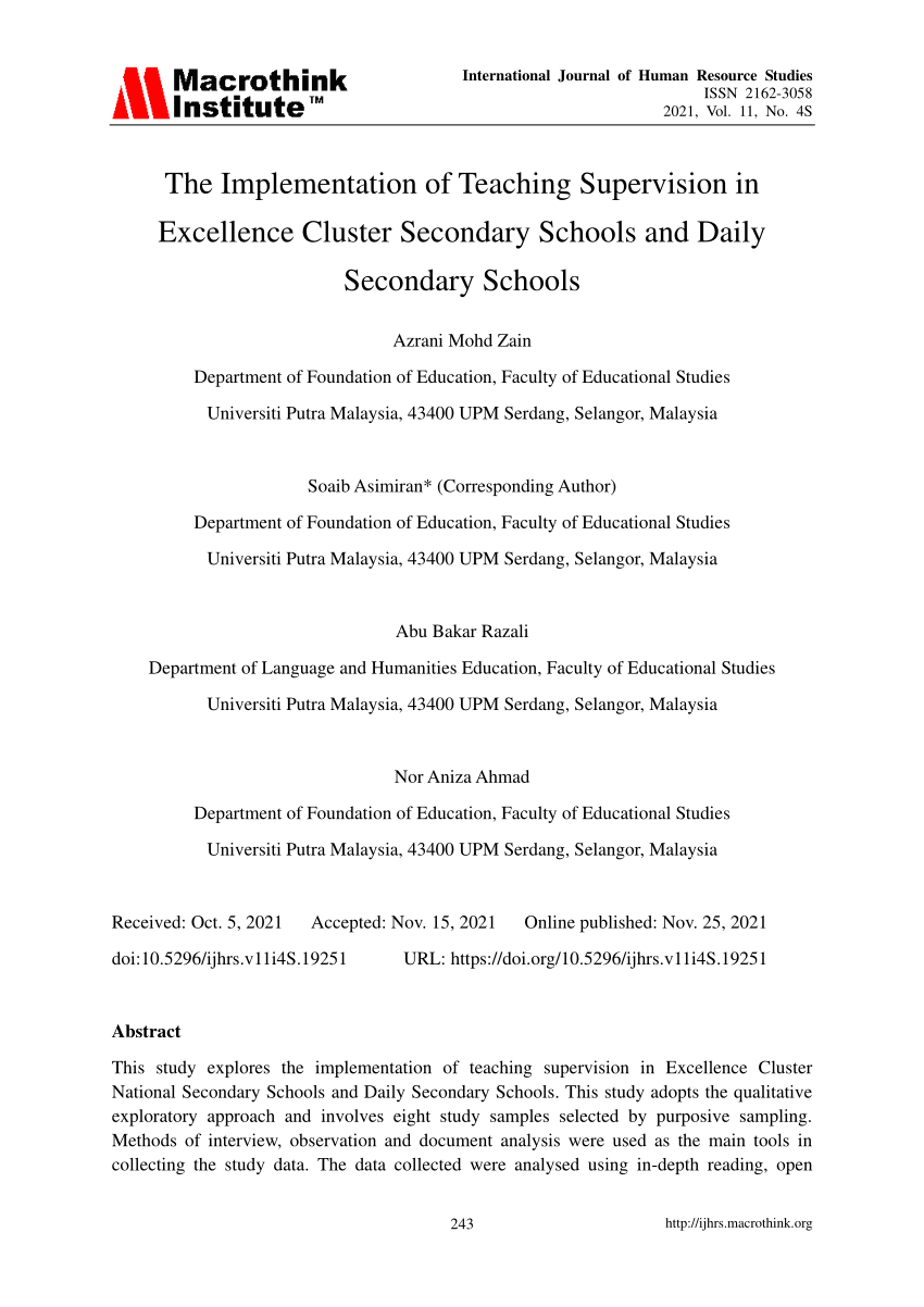 Pdf The Implementation Of Teaching Supervision In Excellence Cluster Secondary Schools And Daily Secondary Schools