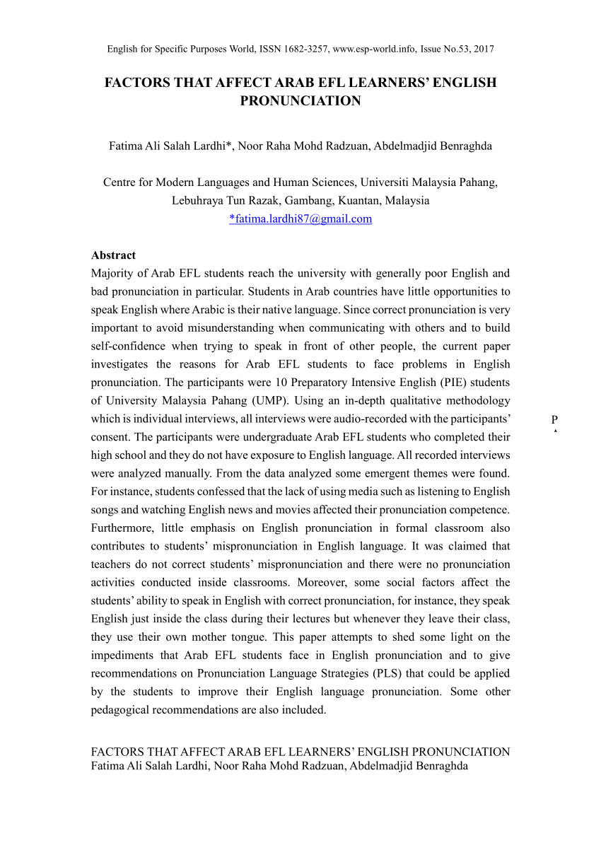 The impact of English orthography on Arab EFL learners