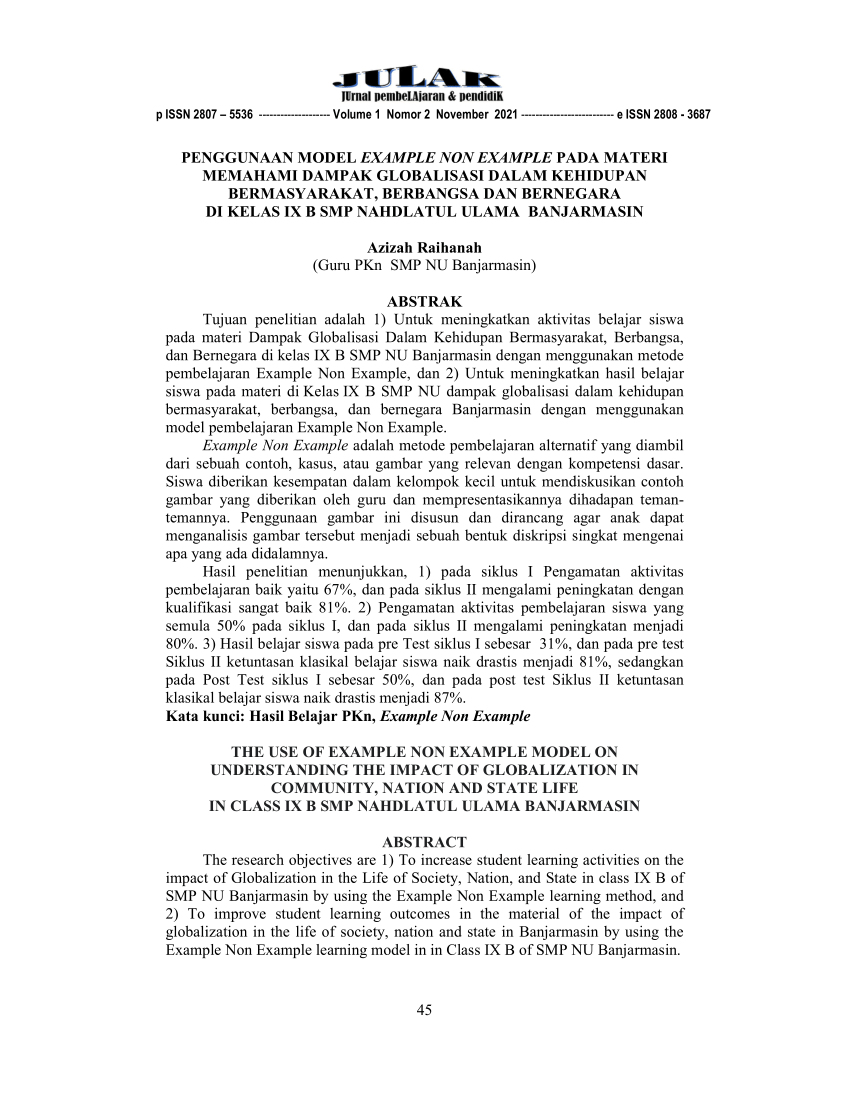 Pdf Penggunaan Model Example Non Example Pada Materi Memahami Dampak