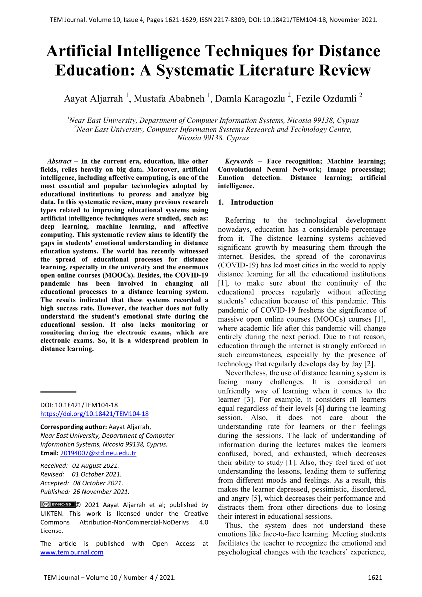 (PDF) Artificial Intelligence Techniques for Distance Education: A