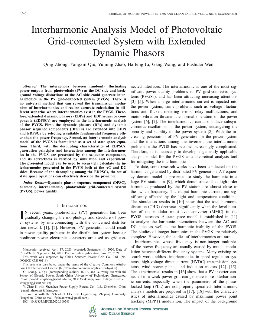 PDF) Interharmonic Analysis Model of Photovoltaic Grid-connected System  with Extended Dynamic Phasors