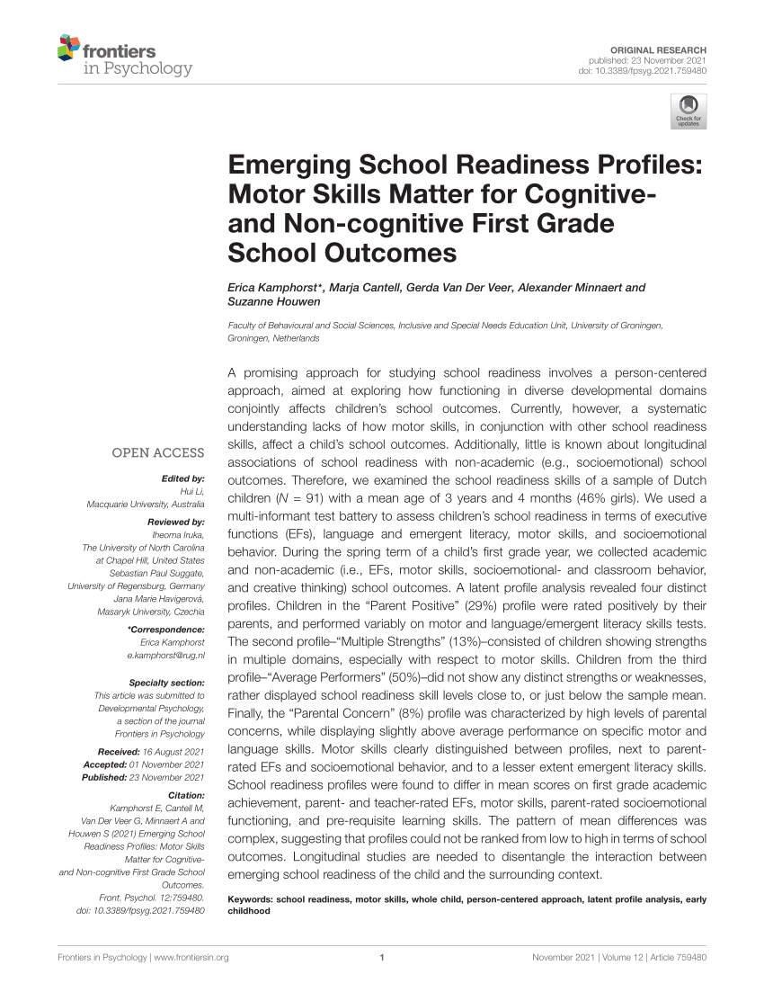 PDF) Emerging School Readiness Profiles: Motor Skills Matter for Cognitive-  and Non-cognitive First Grade School Outcomes