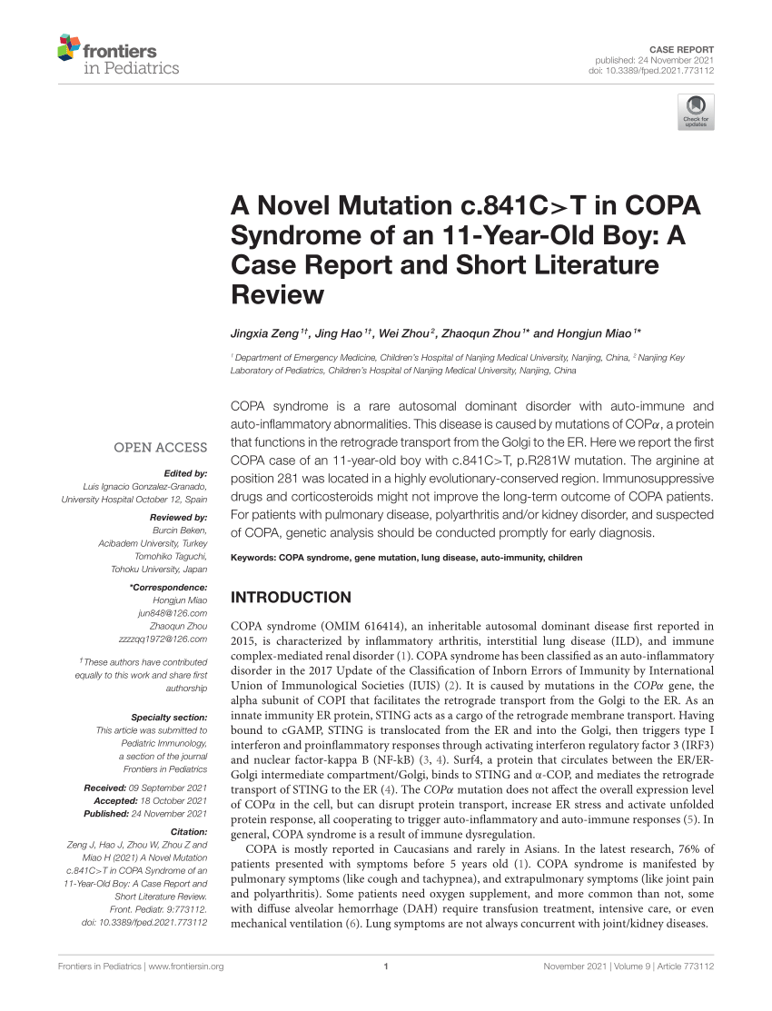 PDF) A Novel Mutation c.841C>T in COPA Syndrome of an 11-Year-Old Boy: A  Case Report and Short Literature Review