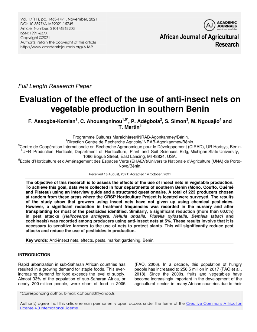PDF) Evaluation of the effect of the use of anti-insect nets on