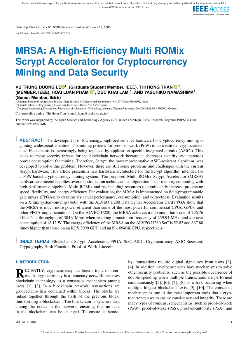 PDF) MRSA: A High-Efficiency Multi ROMix Scrypt Accelerator for  Cryptocurrency Mining and Data Security