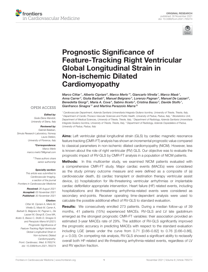 Frontiers  Prognostic Significance of Feature-Tracking Right Ventricular Global  Longitudinal Strain in Non-ischemic Dilated Cardiomyopathy