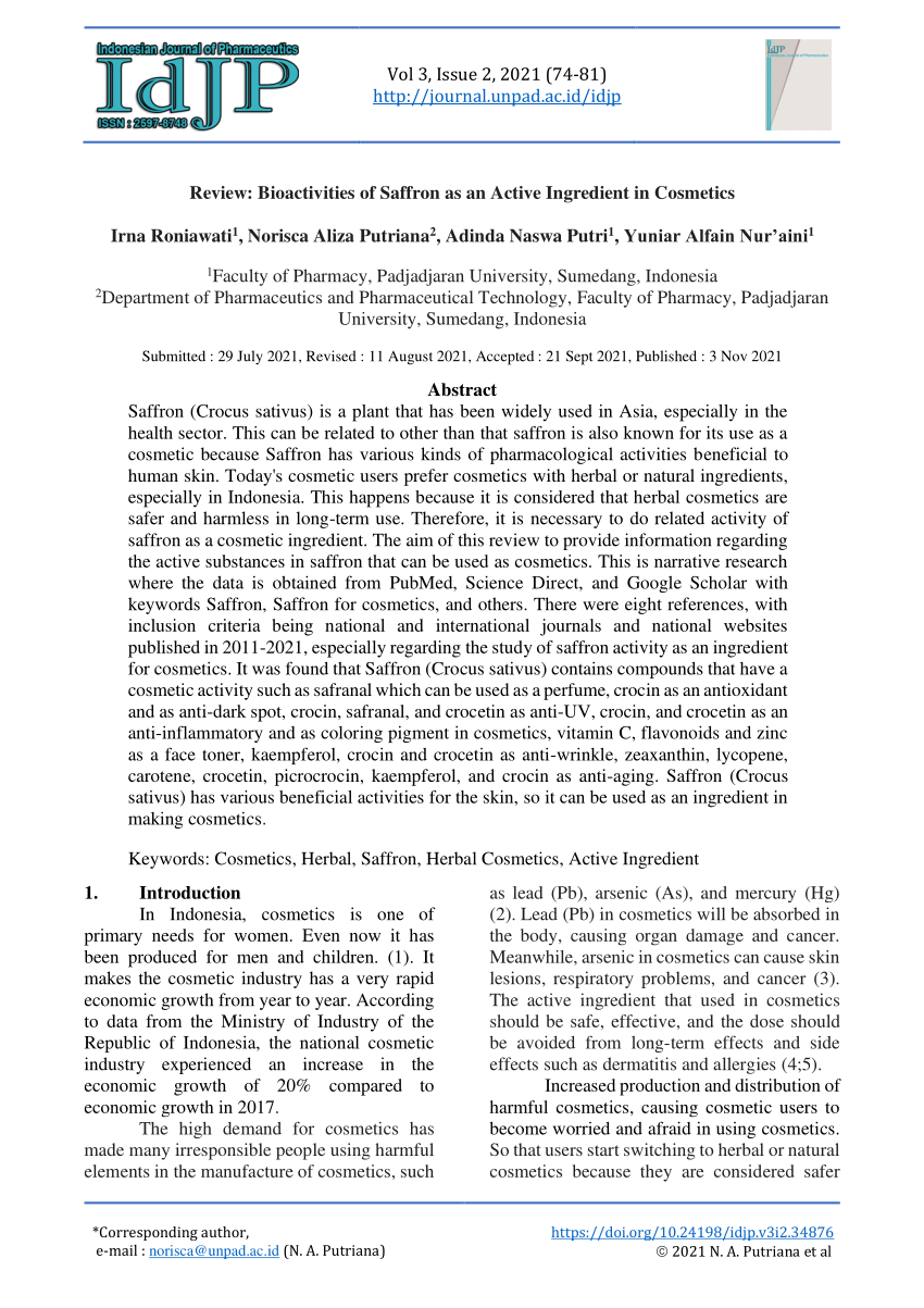 PDF Review Saffron s Activity as an Active Ingredient in Cosmetics