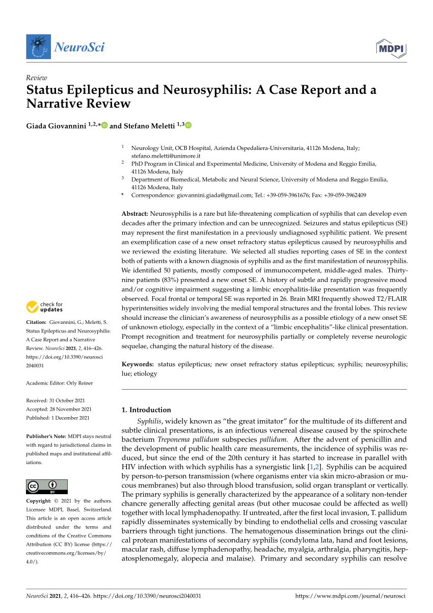 (PDF) Status Epilepticus and Neurosyphilis: A Case Report and a ...