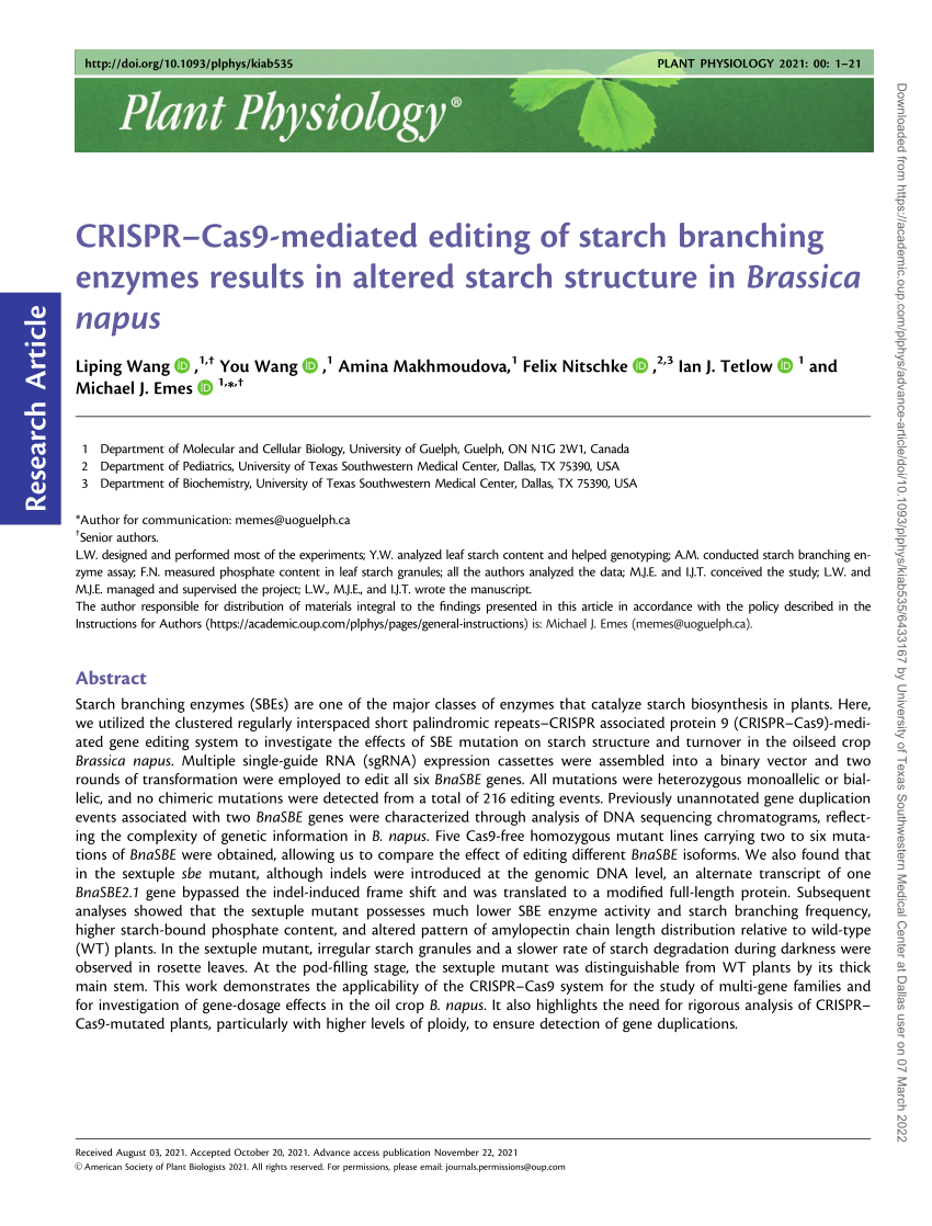 PDF) CRISPR–Cas9-mediated editing of starch branching enzymes results in  altered starch structure in Brassica napus