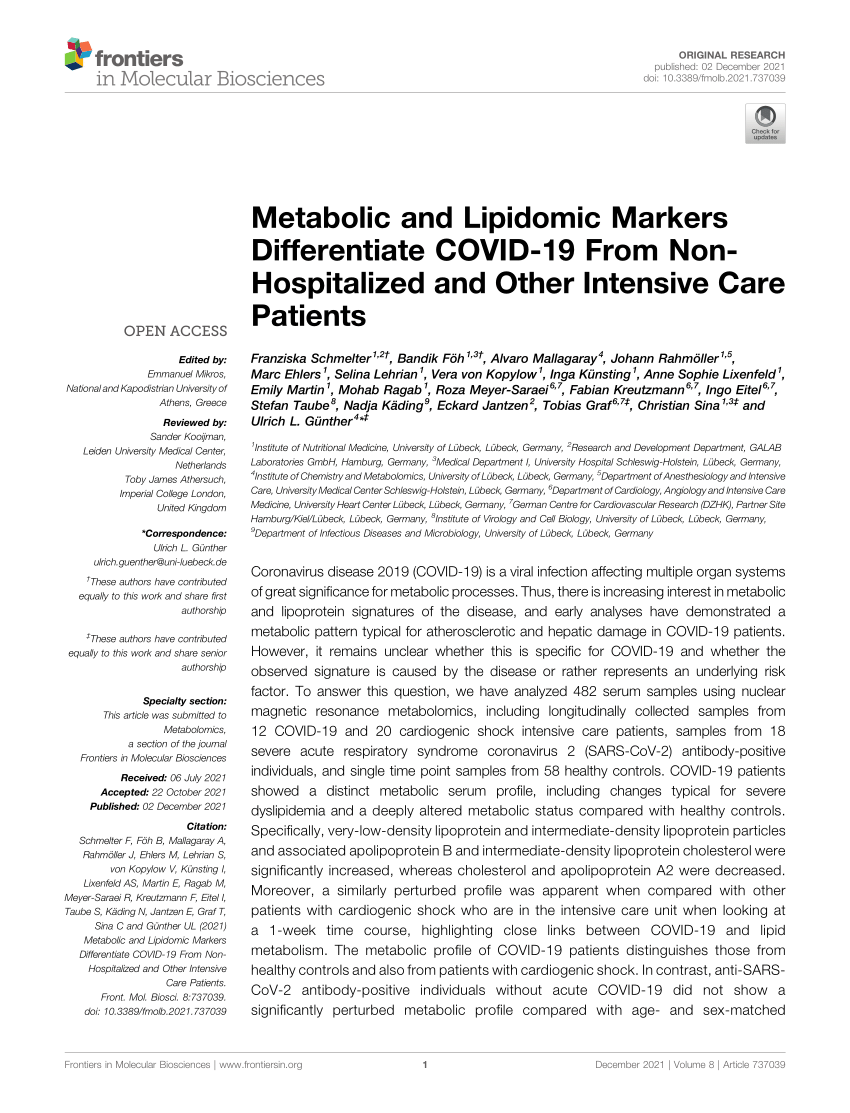 PDF) Metabolic and Lipidomic Markers Differentiate COVID-19 From Non-  Hospitalized and Other Intensive Care Patients