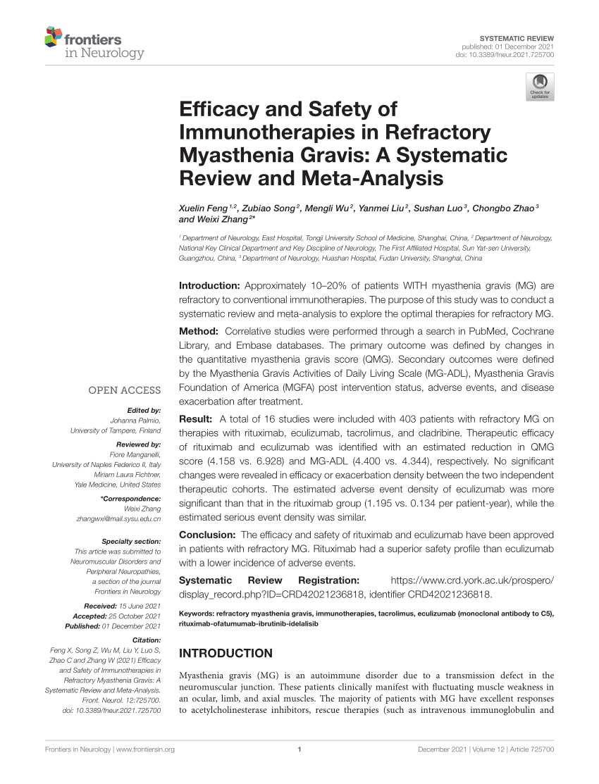 Pdf Efficacy And Safety Of Immunotherapies In Refractory Myasthenia Gravis A Systematic 3917