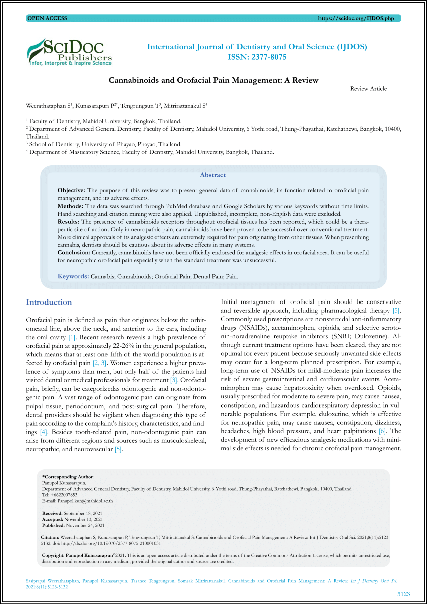 PDF Cannabinoids and Orofacial Pain Management A Review