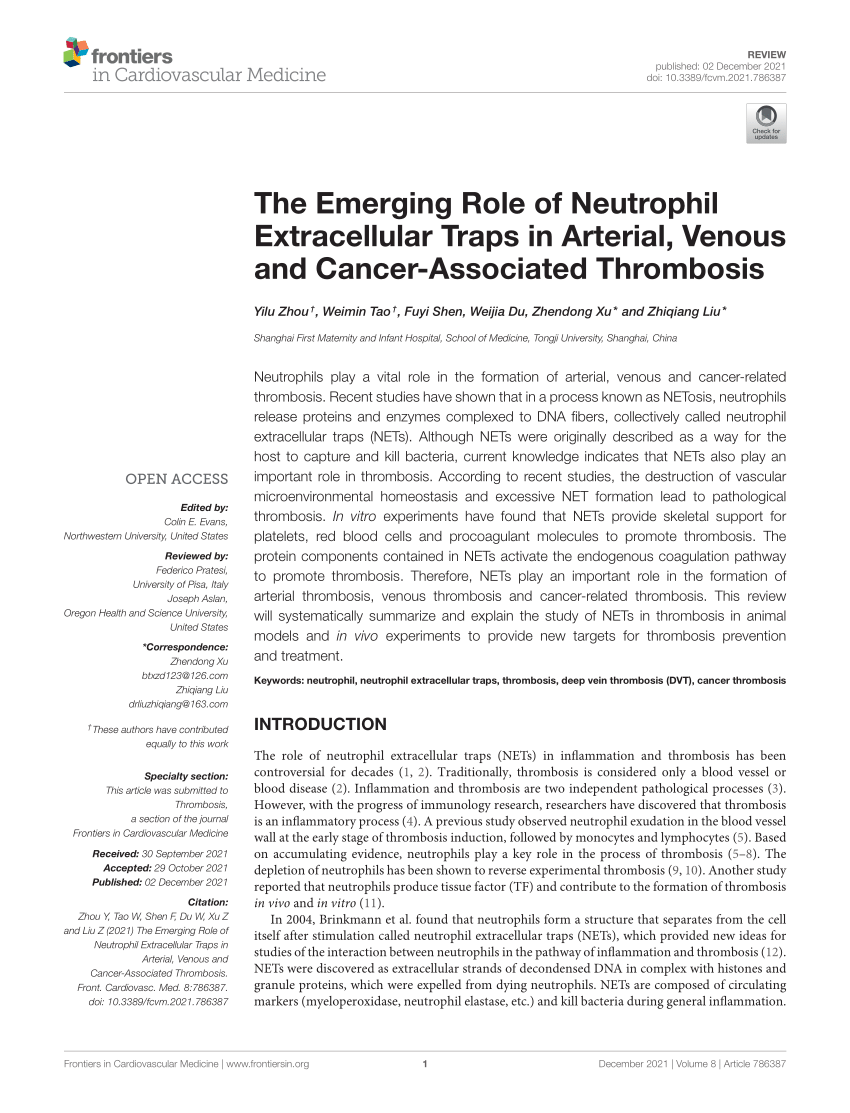 Pdf The Emerging Role Of Neutrophil Extracellular Traps In Arterial Venous And Cancer 5101