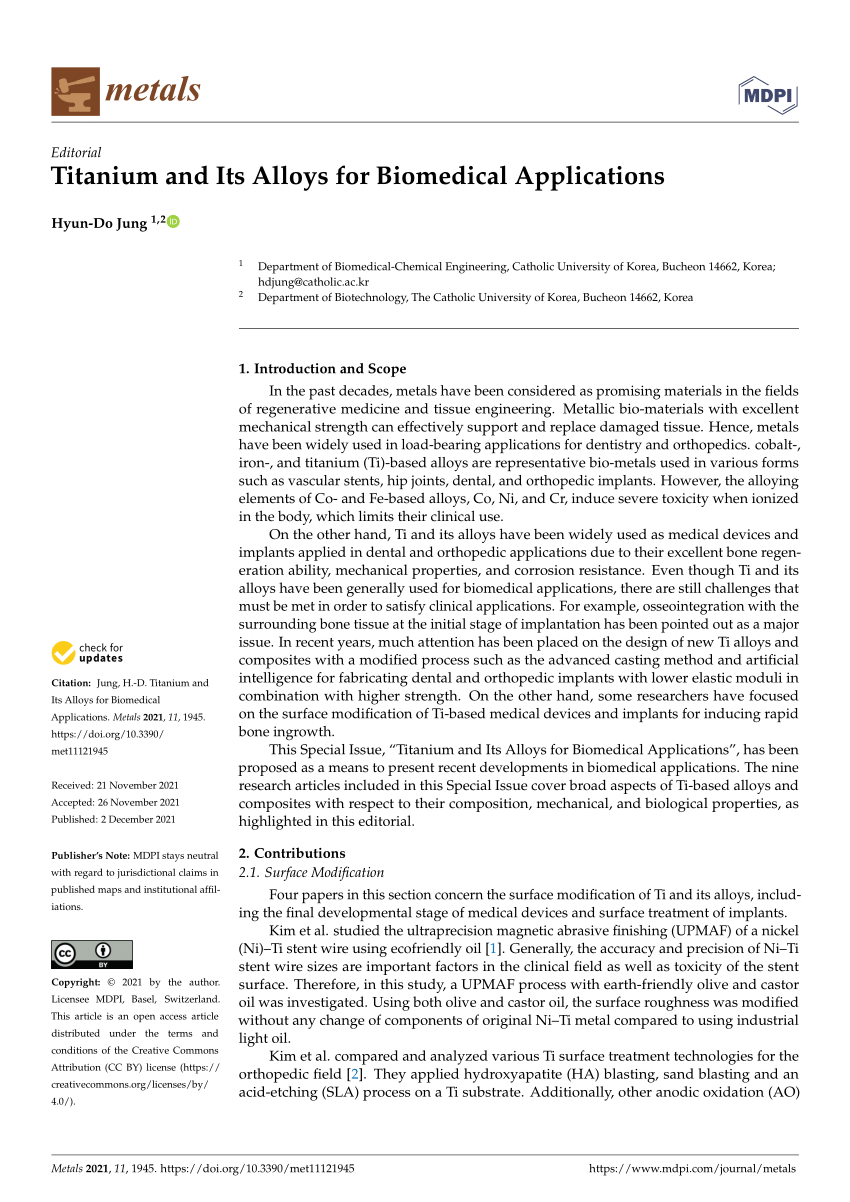 (PDF) Titanium and Its Alloys for Biomedical Applications