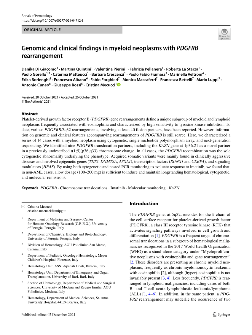 Pdf Genomic And Clinical Findings In Myeloid Neoplasms With Pdgfrb Rearrangement 