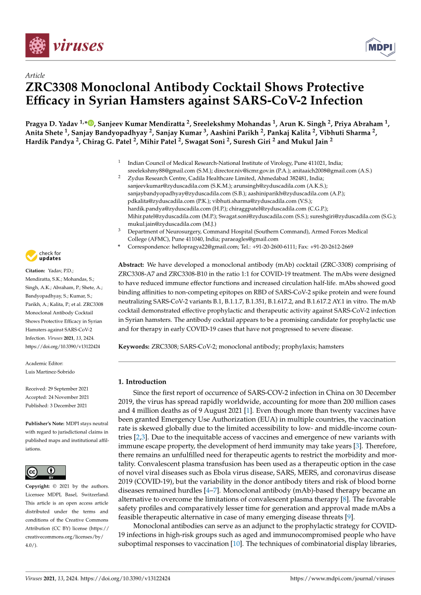 Pdf Zrc3308 Monoclonal Antibody Cocktail Shows Protective Efficacy In Syrian Hamsters Against Sars Cov 2 Infection