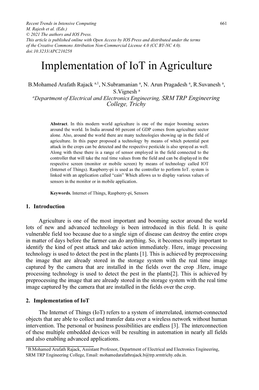 (PDF) Implementation of IoT in Agriculture