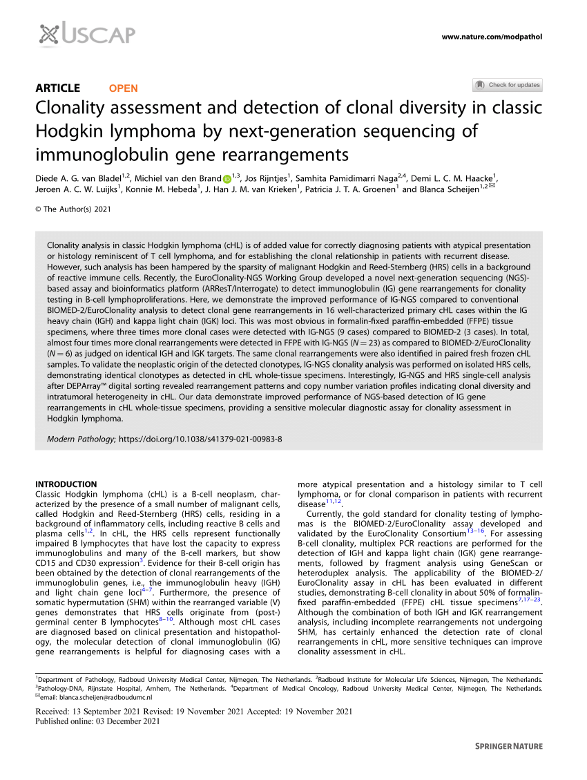 decaan hebzuchtig Convergeren PDF) Clonality assessment and detection of clonal diversity in classic  Hodgkin lymphoma by next-generation sequencing of immunoglobulin gene  rearrangements