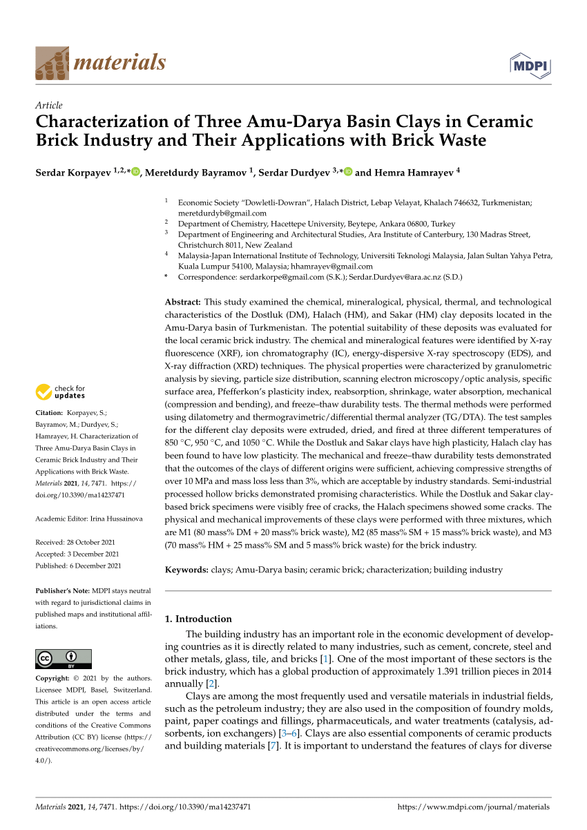 Pdf Characterization Of Three Amu Darya Basin Clays In Ceramic Brick Industry And Their 