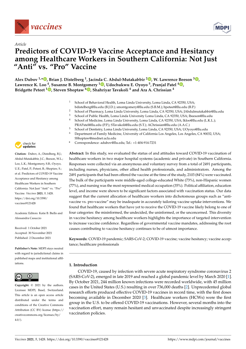 Og hold inaktive sne PDF) Predictors of COVID-19 Vaccine Acceptance and Hesitancy among  Healthcare Workers in Southern California: Not Just "Anti" vs. "Pro" Vaccine