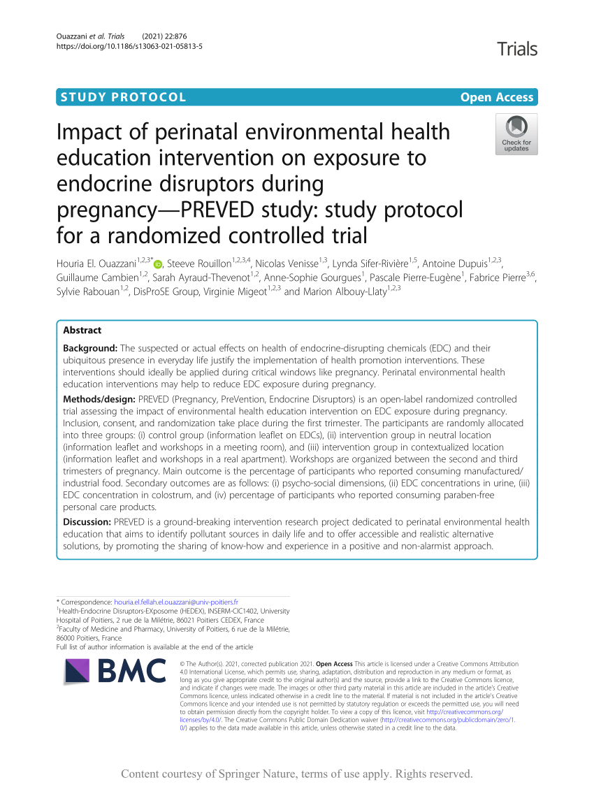 PDF) Impact of perinatal environmental health education intervention on exposure to endocrine disruptors during pregnancy—PREVED study study protocol for a randomized controlled trial pic