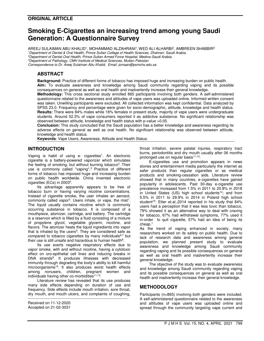 PDF Smoking E Cigarettes an increasing trend among young Saudi