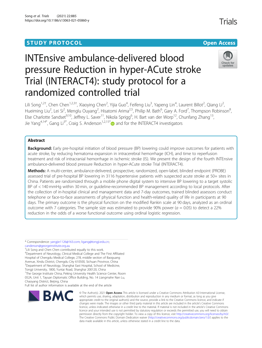 PDF) INTEnsive ambulance-delivered blood pressure Reduction in hyper-ACute  stroke Trial (INTERACT4): study protocol for a randomized controlled trial