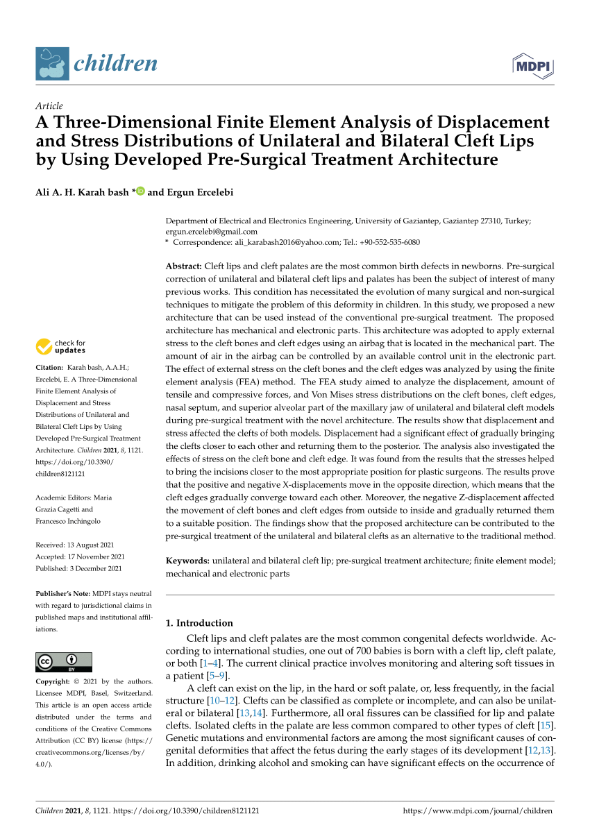 Pdf A Three Dimensional Finite Element Analysis Of Displacement And Stress Distributions Of Unilateral And Bilateral Cleft Lips By Using Developed Pre Surgical Treatment Architecture