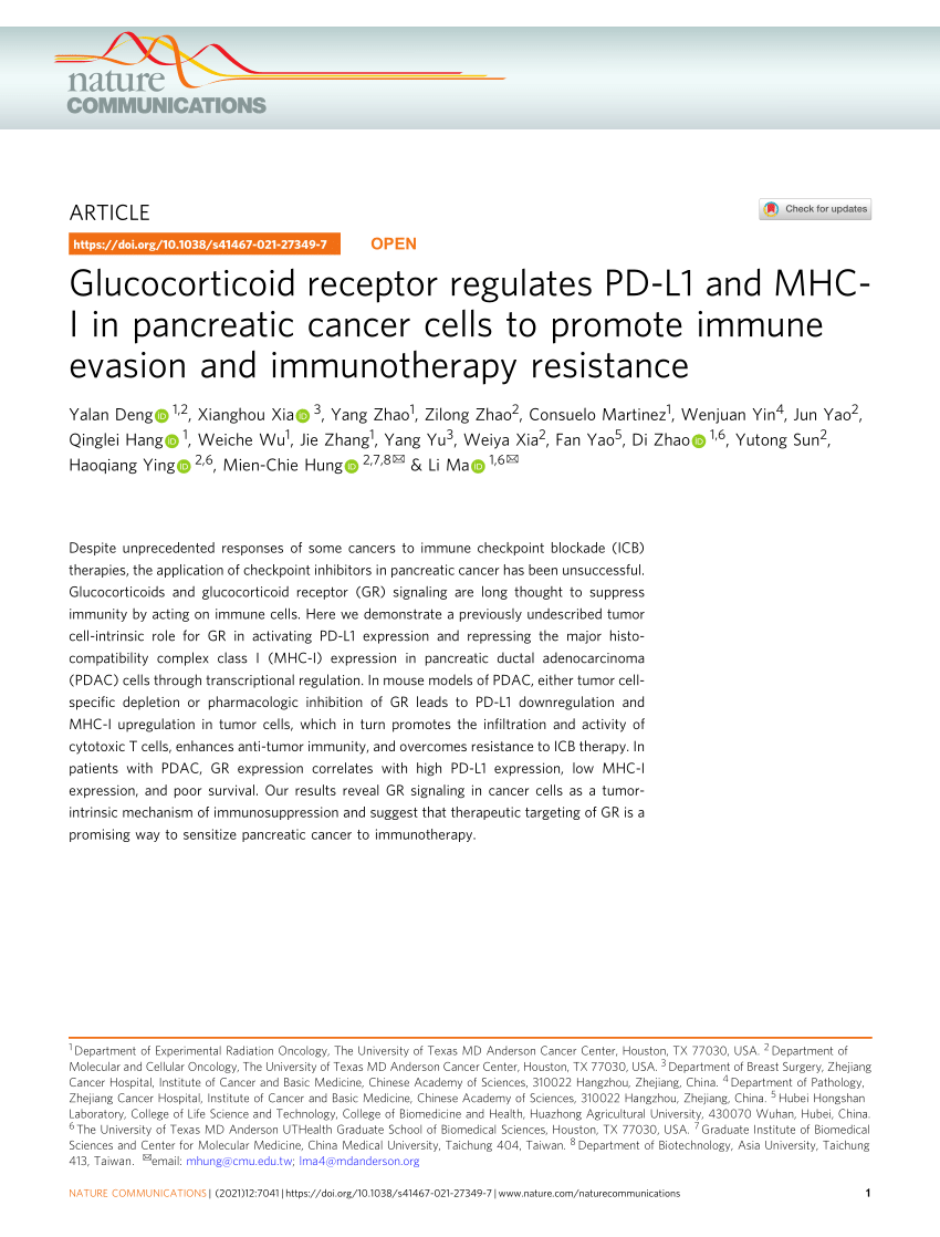 Pdf Glucocorticoid Receptor Regulates Pd L1 And Mhc I In Pancreatic Cancer Cells To Promote