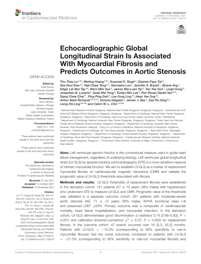 Frontiers  Echocardiographic Global Longitudinal Strain Is Associated With  Myocardial Fibrosis and Predicts Outcomes in Aortic Stenosis