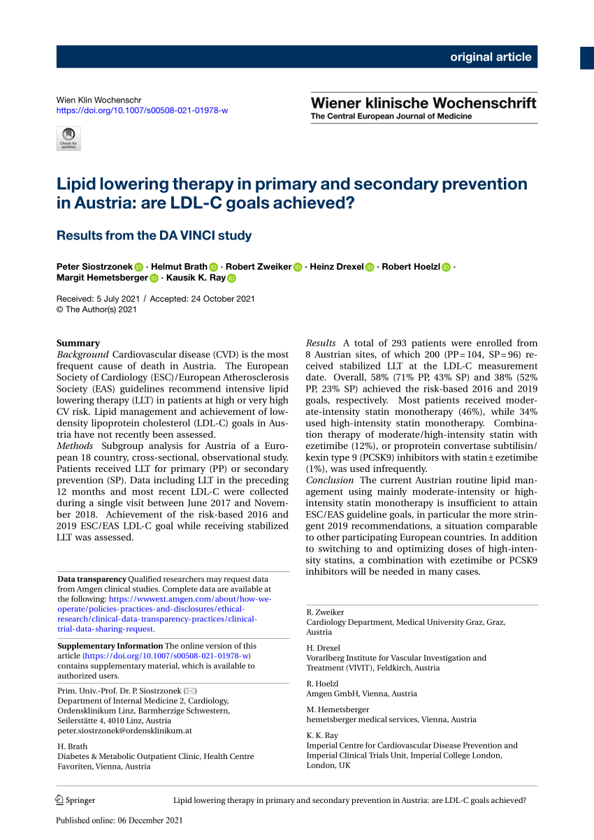 PDF) Lipid lowering therapy in primary and secondary prevention in Austria are LDL-C goals achieved? Results from the DA VINCI study