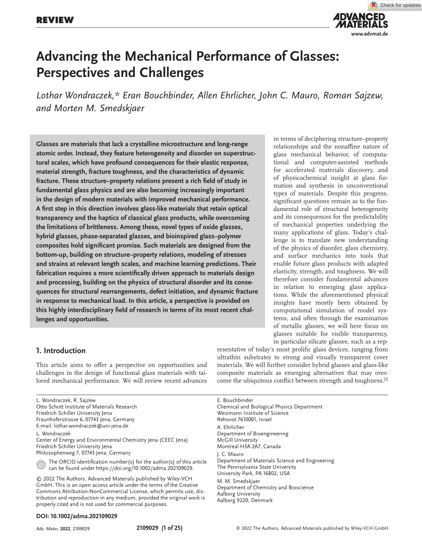 PDF) Advancing the Mechanical Performance of Glasses: Perspectives