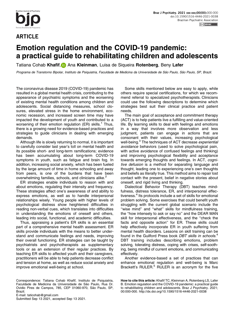 PDF) Emotion regulation and the COVID-19 pandemic: a practical guide to  rehabilitating children and adolescents