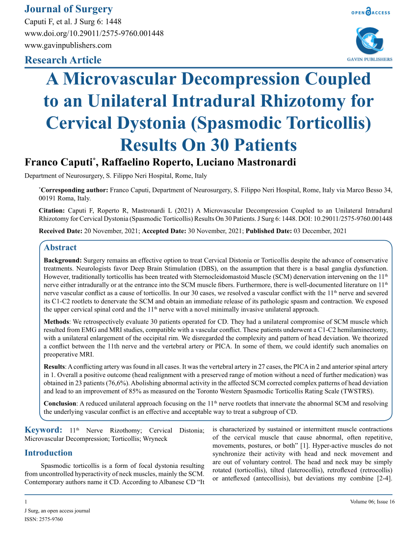 Pdf A Microvascular Decompression Coupled To An Unilateral Intradural Rhizotomy For Cervical 