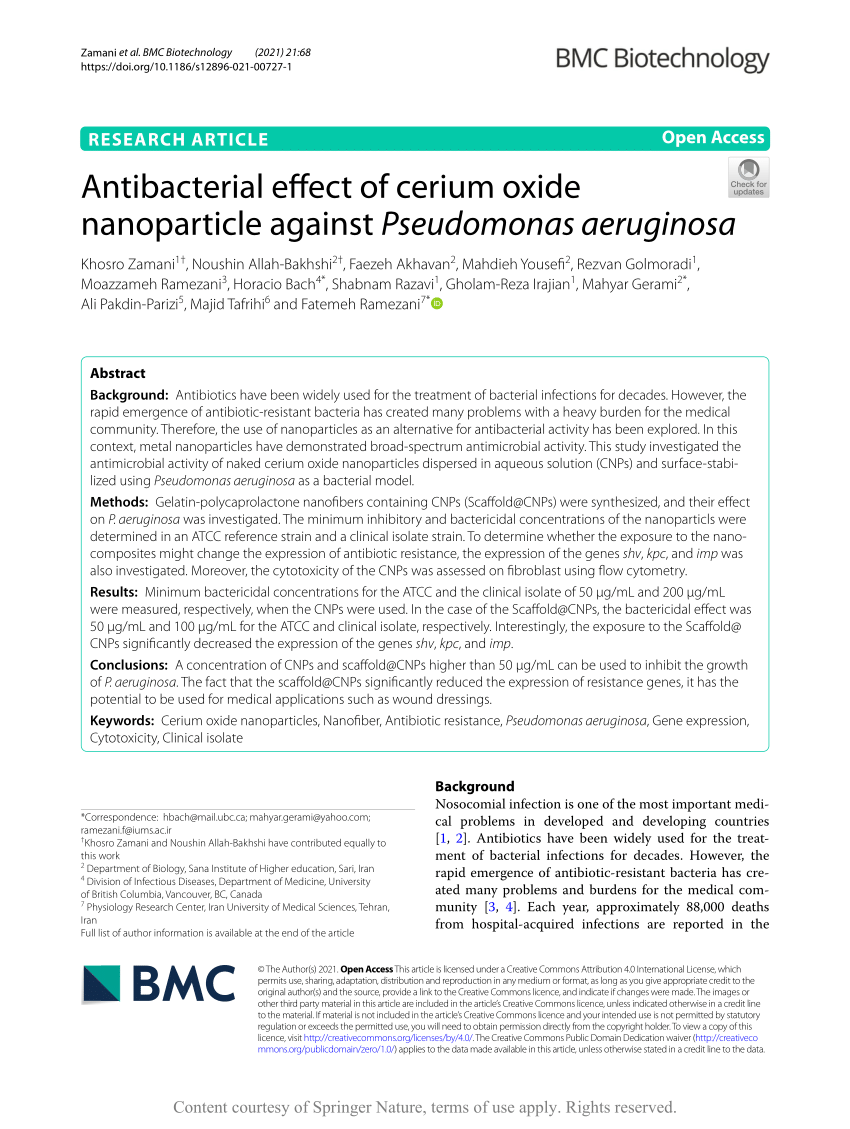 PDF) Antibacterial effect of cerium oxide nanoparticle against Pseudomonas  aeruginosa