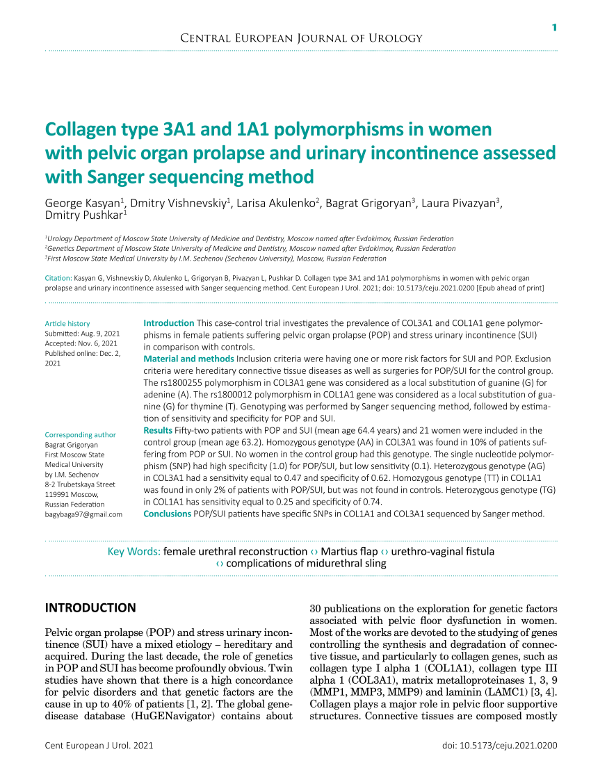 Pdf Collagen Type A And A Polymorphisms In Women With Pelvic