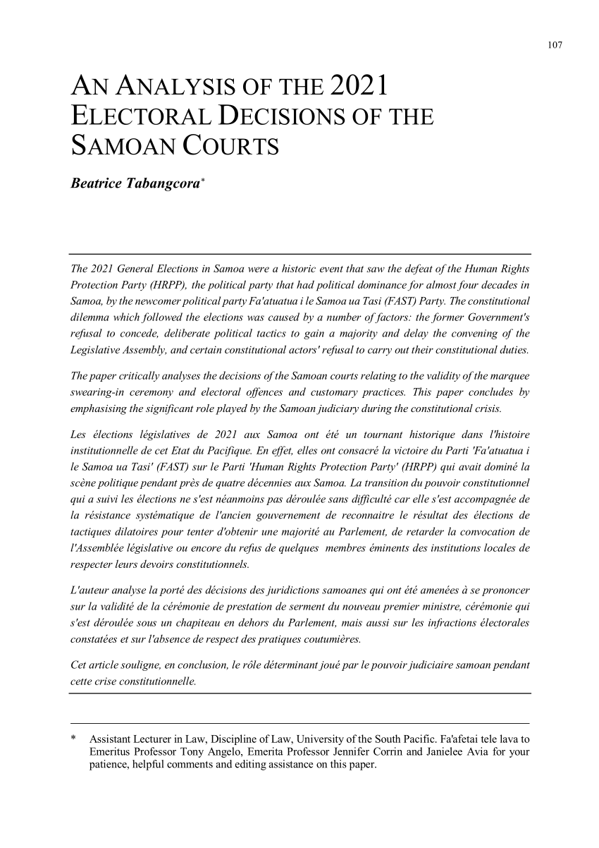 Pdf An Analysis Of The 21 Electoral Decisions Of The Samoan Courts