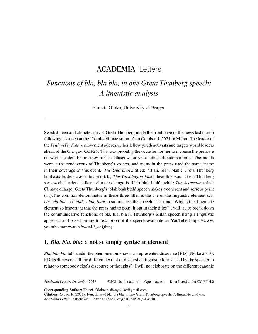 Pdf Functions Of Bla Bla Bla In One Greta Thunberg Speech A Linguistic Analysis