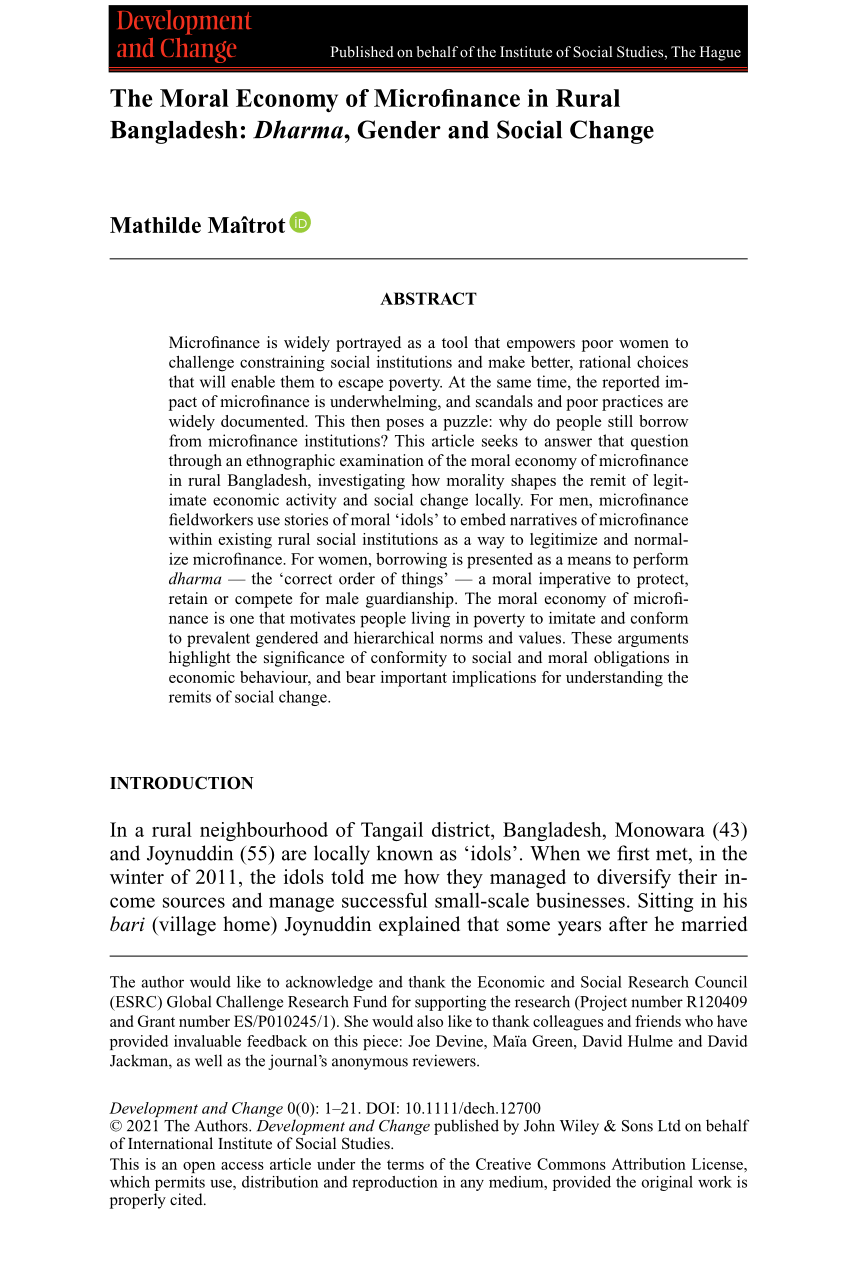 PDF) The Moral Economy of Microfinance in Rural Bangladesh: Dharma , Gender  and Social Change