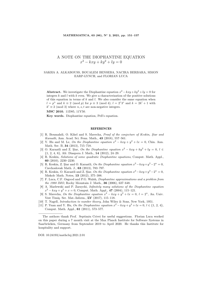 Pdf A Note On The Diophantine Equation X 2 Kxy Ky 2 Ly 0