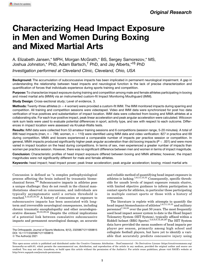 PDF) Characterizing Head Impact Exposure in Men and Women During Boxing and Mixed Martial Arts