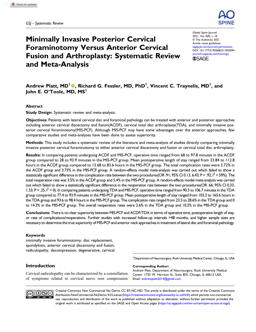Pdf Minimally Invasive Posterior Cervical Foraminotomy Versus Anterior Cervical Fusion And 7000