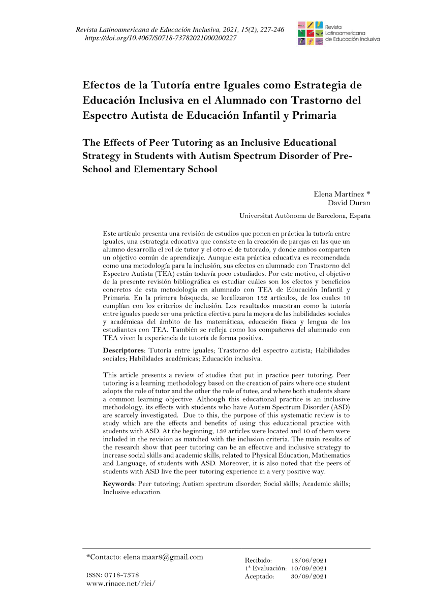 (PDF) Efectos de la Tutoría entre Iguales como Estrategia de Educación ...