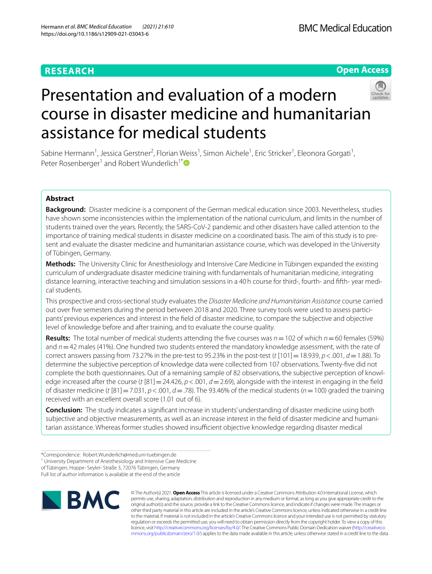 PDF) Presentation and evaluation of a modern course in disaster medicine  and humanitarian assistance for medical students Open Access